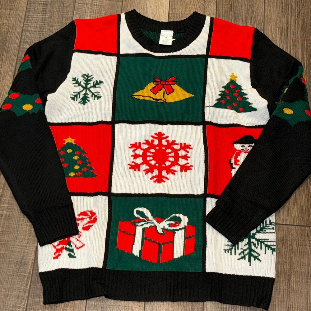 New York Laundry Holiday Classics Christmas Sweater XL Patchwork Snowman Tree